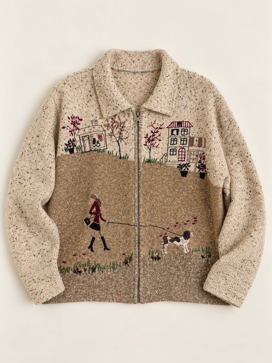 Vintage Sweaters - Vintage Novelty Knit Cardigan Embroidered Dog Walker Scenic Cottagecore Sweater
